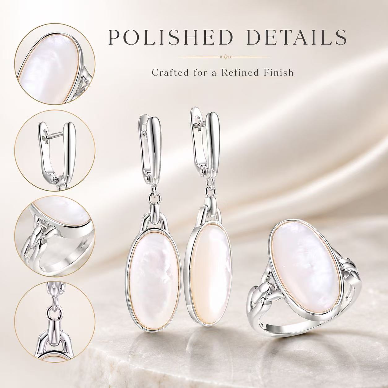 Beggeta Mother of Pearl Jewelry Set for Women, Oval Mother of Pearl Dangle Earrings and Adjustable Ring, Elegant Silver Jewelry Gift Set with Gift Box for Wedding, Anniversary, Birthday, Mother's Day