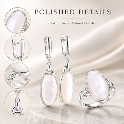 Beggeta Mother of Pearl Jewelry Set for Women, Oval Mother of Pearl Dangle Earrings and Adjustable Ring, Elegant Silver Jewelry Gift Set with Gift Box for Wedding, Anniversary, Birthday, Mother's Day