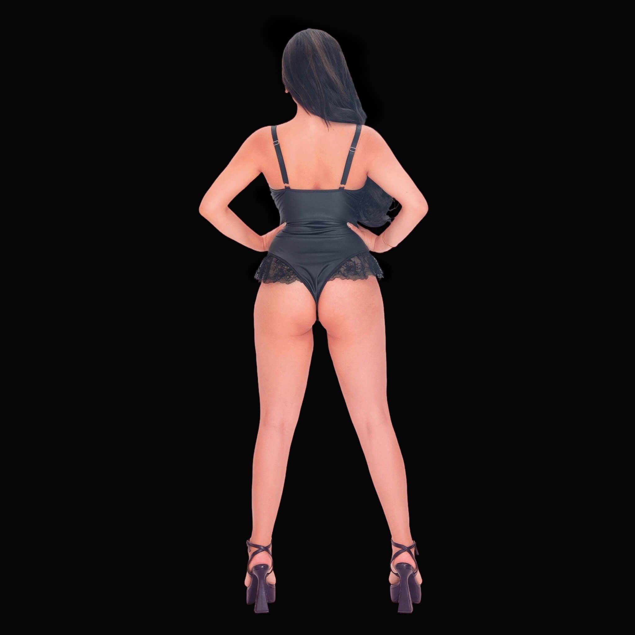 Corset-inspired black lace bodysuit, styled with exquisite lacework and structured lines for a sexy, romantic, and truly captivating lingerie look.