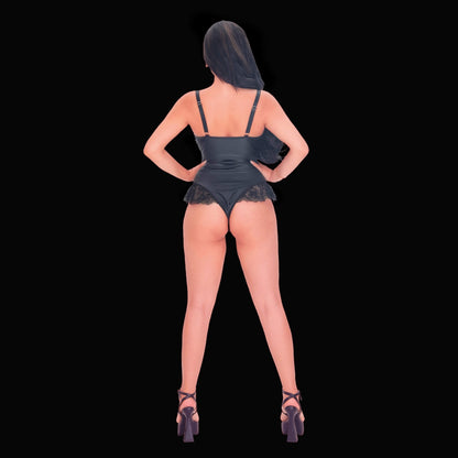 Corset-inspired black lace bodysuit, styled with exquisite lacework and structured lines for a sexy, romantic, and truly captivating lingerie look.