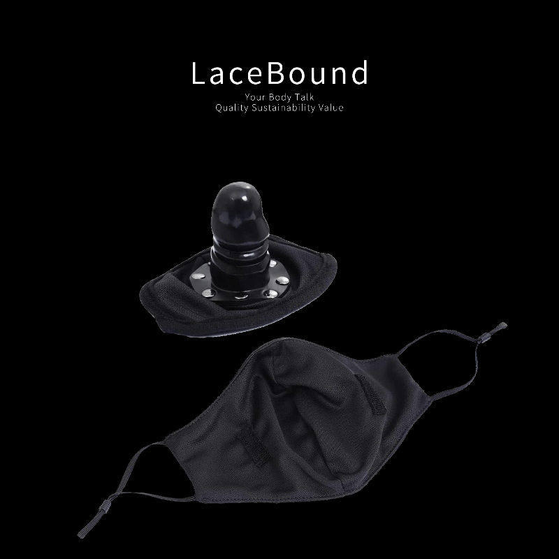 Discreet BDSM face mask with hidden dildo gag, crafted from soft and comfortable materials for subtle fetish restraint and private bondage experiences.
