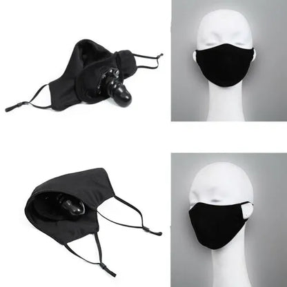 Discreet BDSM face mask with hidden dildo gag, crafted from soft and comfortable materials for subtle fetish restraint and private bondage experiences.