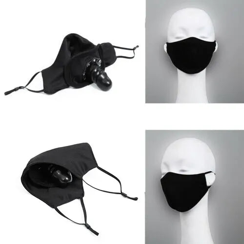 Discreet BDSM face mask with hidden dildo gag, crafted from soft and comfortable materials for subtle fetish restraint and private bondage experiences.