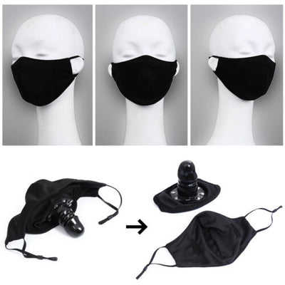 Discreet BDSM face mask with hidden dildo gag, featuring soft and comfortable materials for subtle fetish restraint and private, secure bondage play.