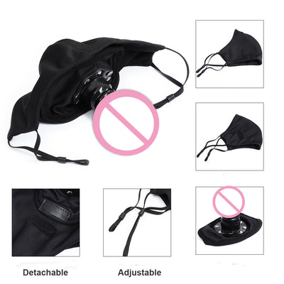 Discreet BDSM face mask with hidden dildo gag, featuring soft and comfortable materials for subtle fetish restraint and private, secure bondage play.