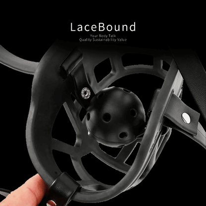 Dog muzzle BDSM mask with ball gag and adjustable straps, made from sturdy faux leather for a secure, comfortable fit—ideal for intense pet play and bondage roleplay scenarios.