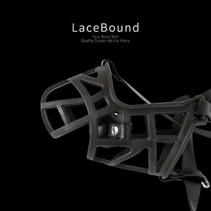 Dog muzzle BDSM mask with ball gag and adjustable straps, made from high-quality faux leather for a secure, comfortable fit—ideal for intense pet play and bondage roleplay scenarios.