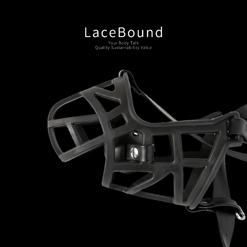 Dog muzzle BDSM mask with ball gag and adjustable straps, made from high-quality faux leather for a secure, comfortable fit—ideal for intense pet play and bondage roleplay scenarios.