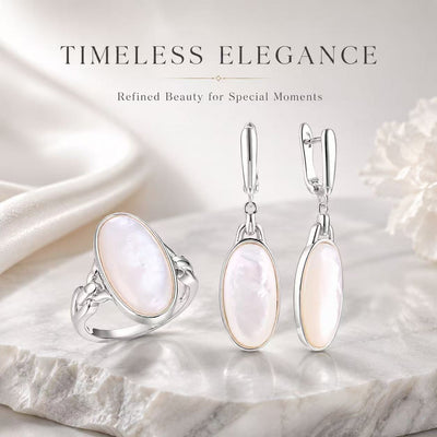 Beggeta Mother of Pearl Jewelry Set for Women, Oval Mother of Pearl Dangle Earrings and Adjustable Ring, Elegant Silver Jewelry Gift Set with Gift Box for Wedding, Anniversary, Birthday, Mother's Day