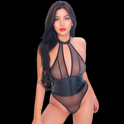 Nude faux leather and fishnet cage lingerie set featuring strappy details and sultry bondage‑inspired design for a bold, seductive look.