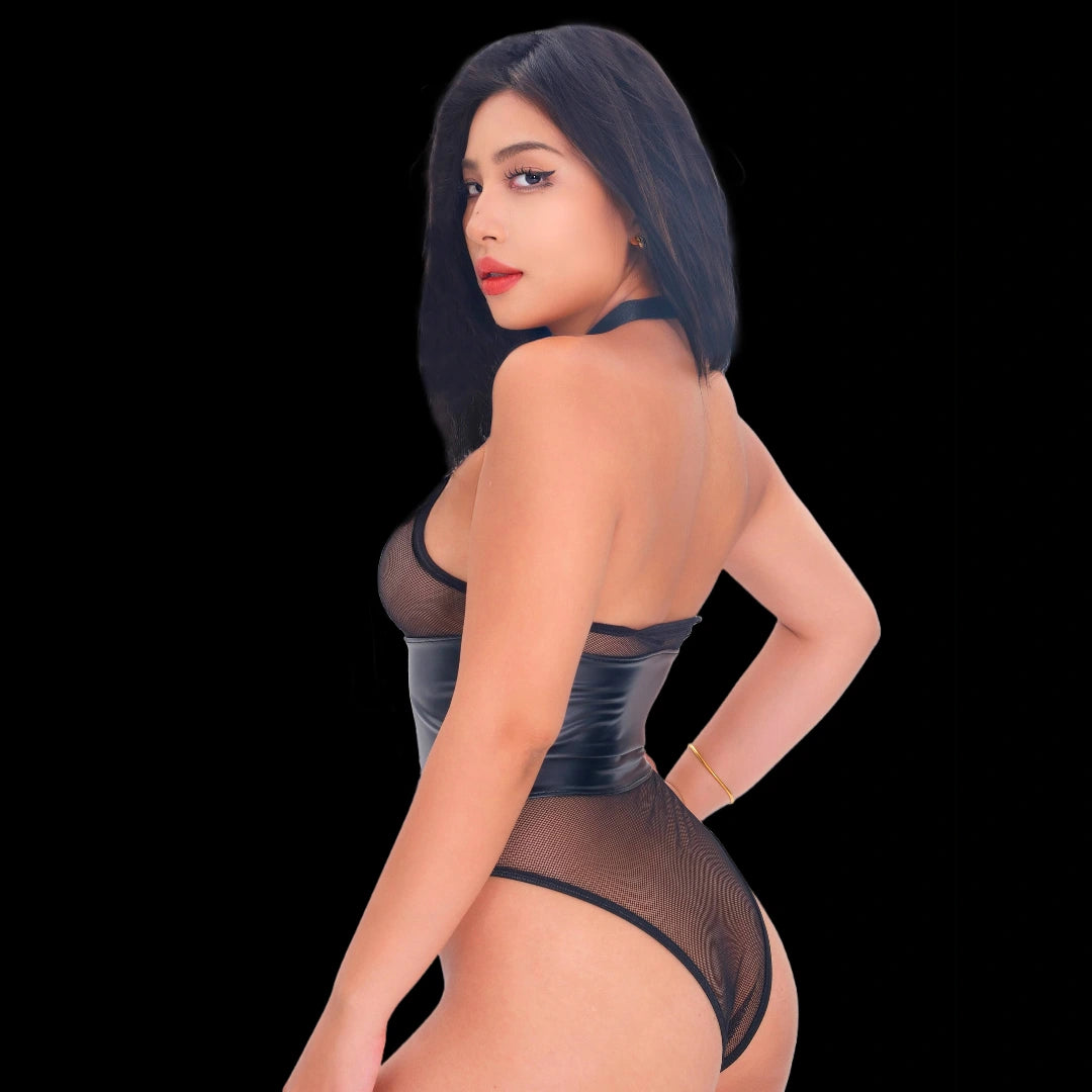 Nude faux leather and fishnet cage lingerie set with cut‑out straps and sheer mesh accents, creating a daring and seductive look that enhances the body’s curves.