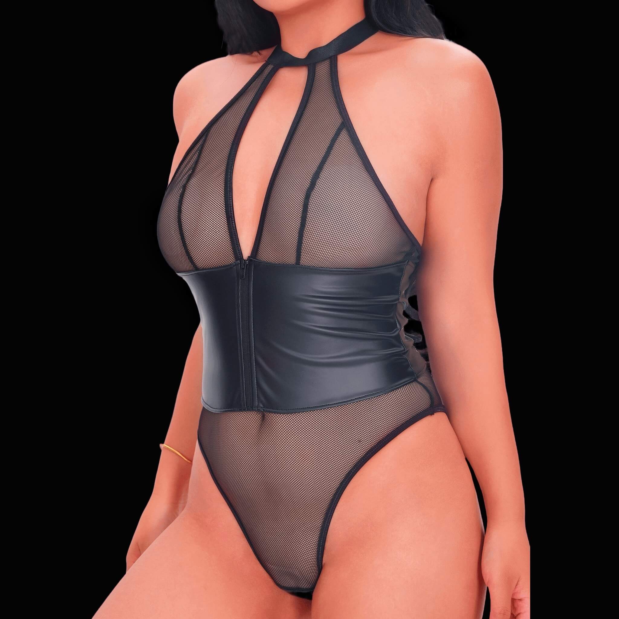 Faux leather and fishnet cage lingerie set in nude shades, featuring bold cage-style straps and sheer fishnet panels for a modern, sexy, and eye-catching lingerie look.