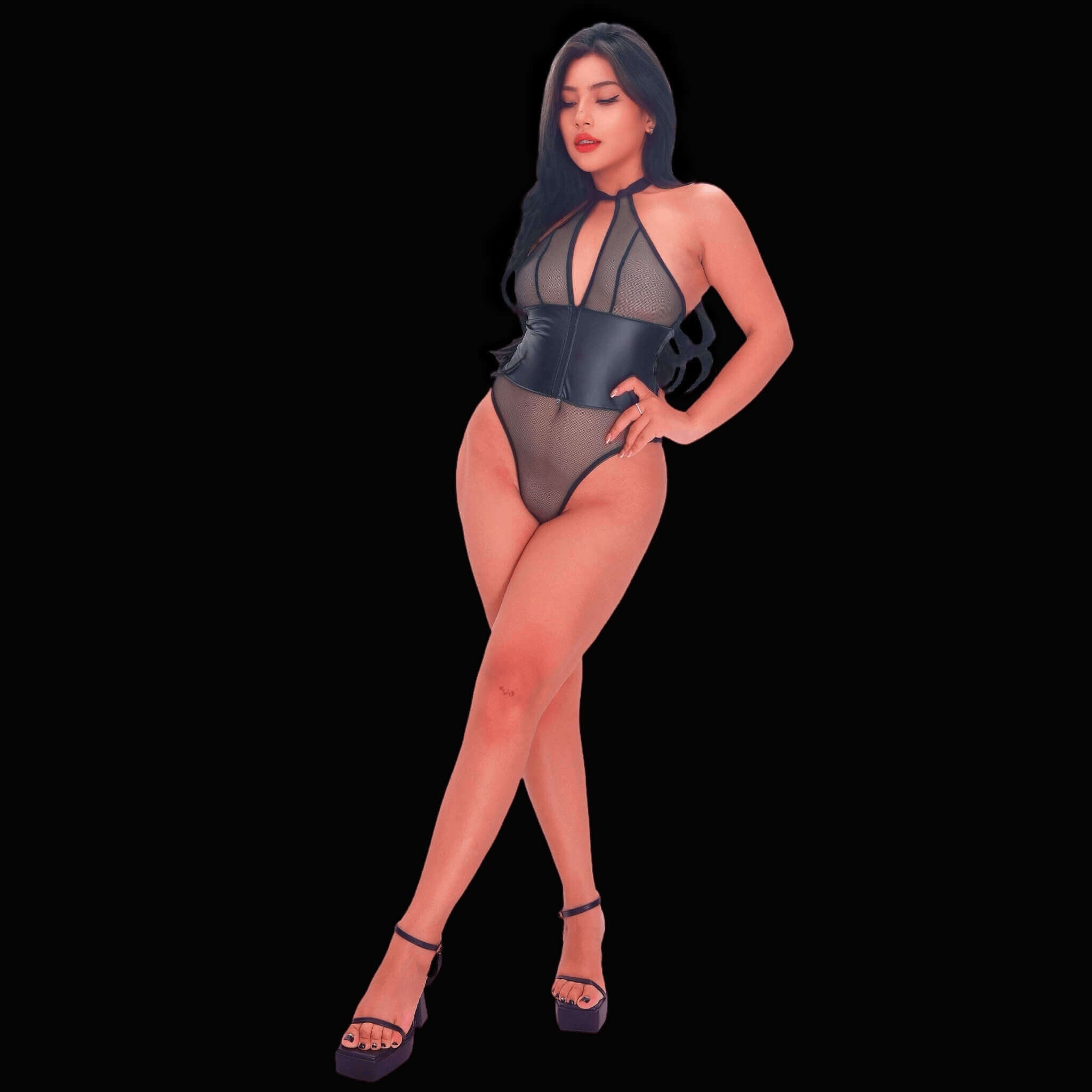 Faux leather and fishnet cage lingerie set in nude colors, featuring sexy strappy cage elements and sheer fishnet fabric for a modern, provocative, and sultry look.