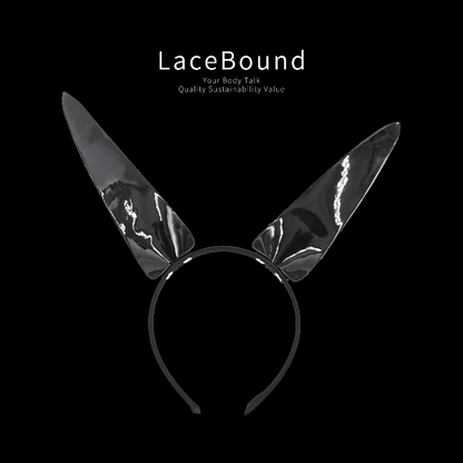 Glossy black bunny ear headband for roleplay costume, featuring sleek faux leather ears and a comfortable adjustable band, perfect for playful cosplay, party, or intimate dress-up.
