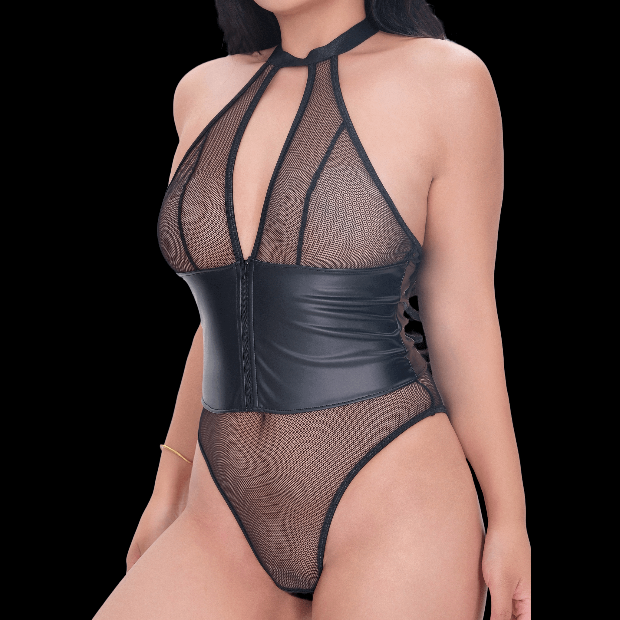 Seductive Black Mesh & Leather Bodysuit