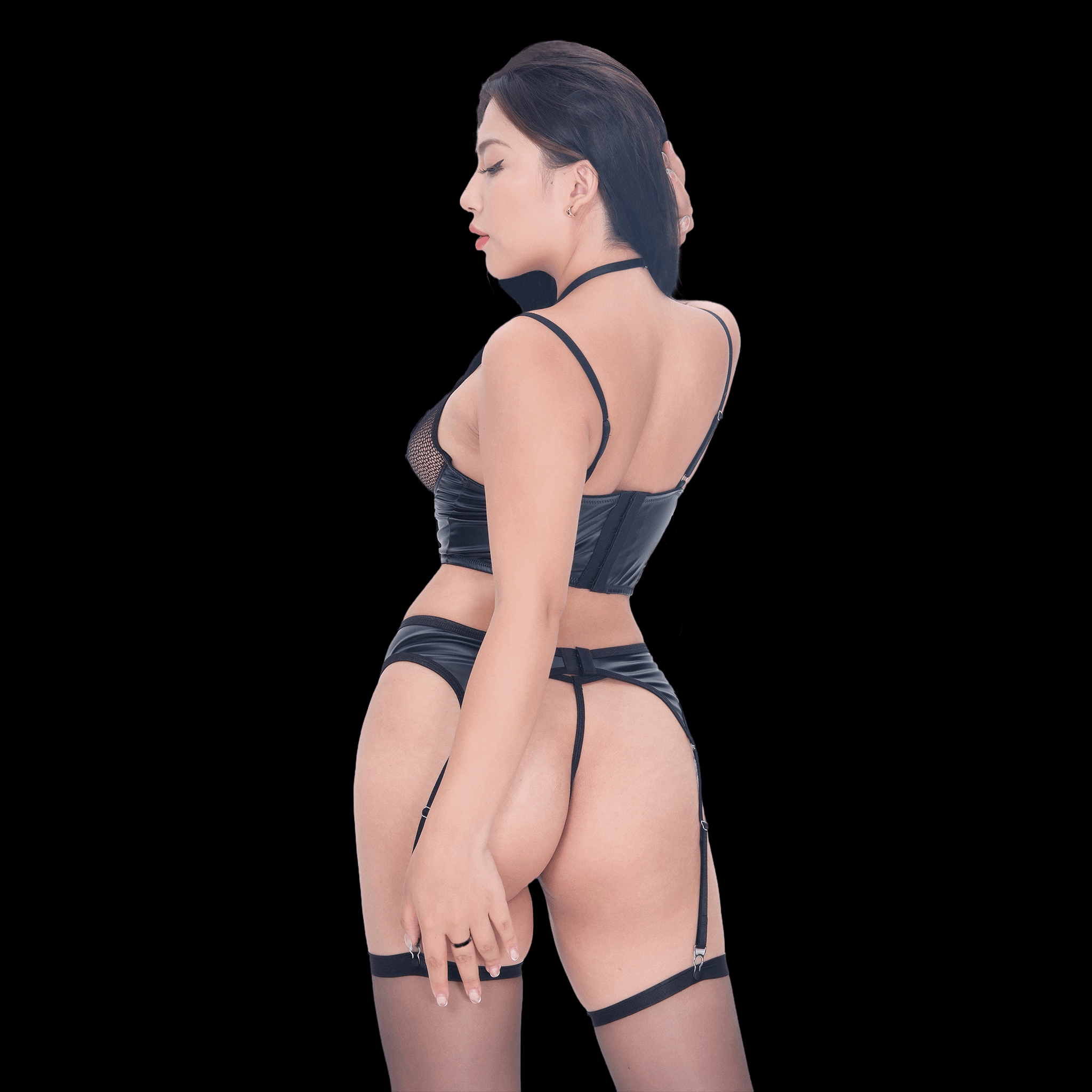 Bold Sexy Lingerie Bondage-Inspired Two-Piece Set with Garter Belt and Strappy Details