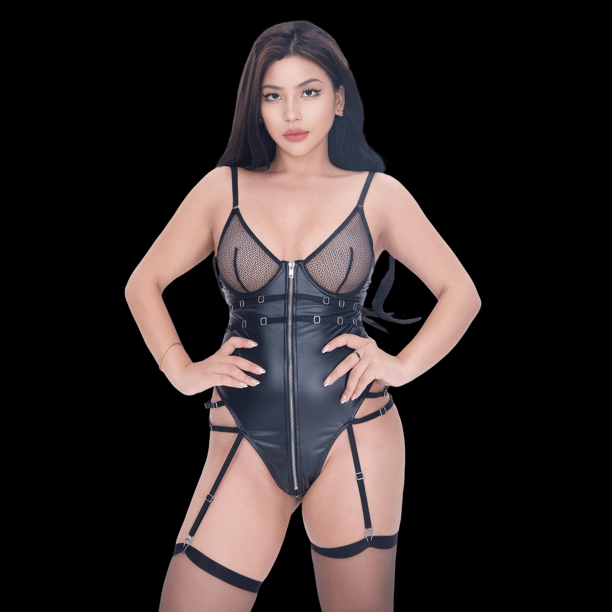 Sexy Black Corset Bodysuit with See-Through Mesh Lingerie Design