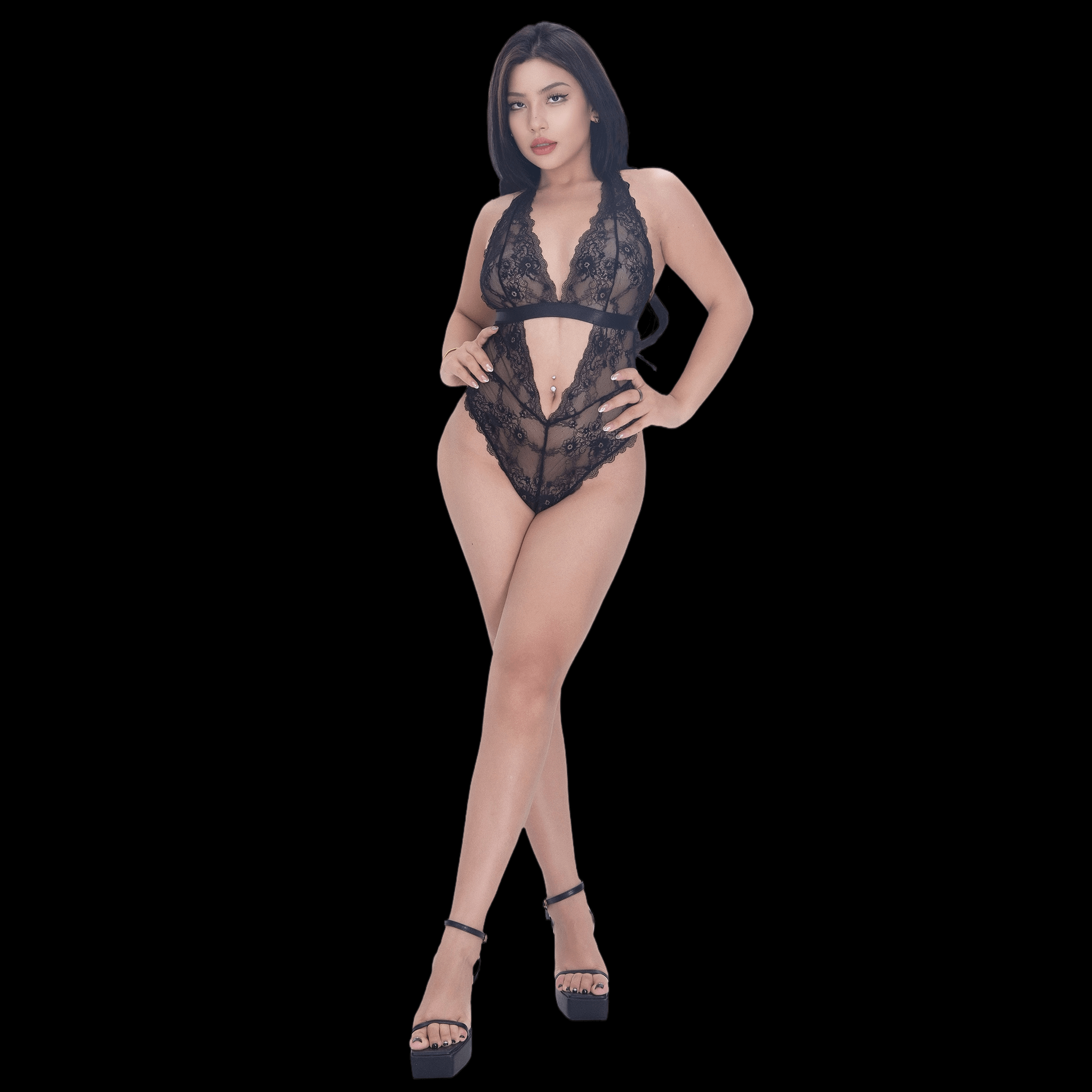 Black Lace Bodysuit with Deep V and Open Back – Sexy and Elegant Lingerie