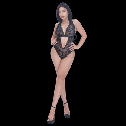 Black Lace Bodysuit with Deep V and Open Back – Sexy and Elegant Lingerie