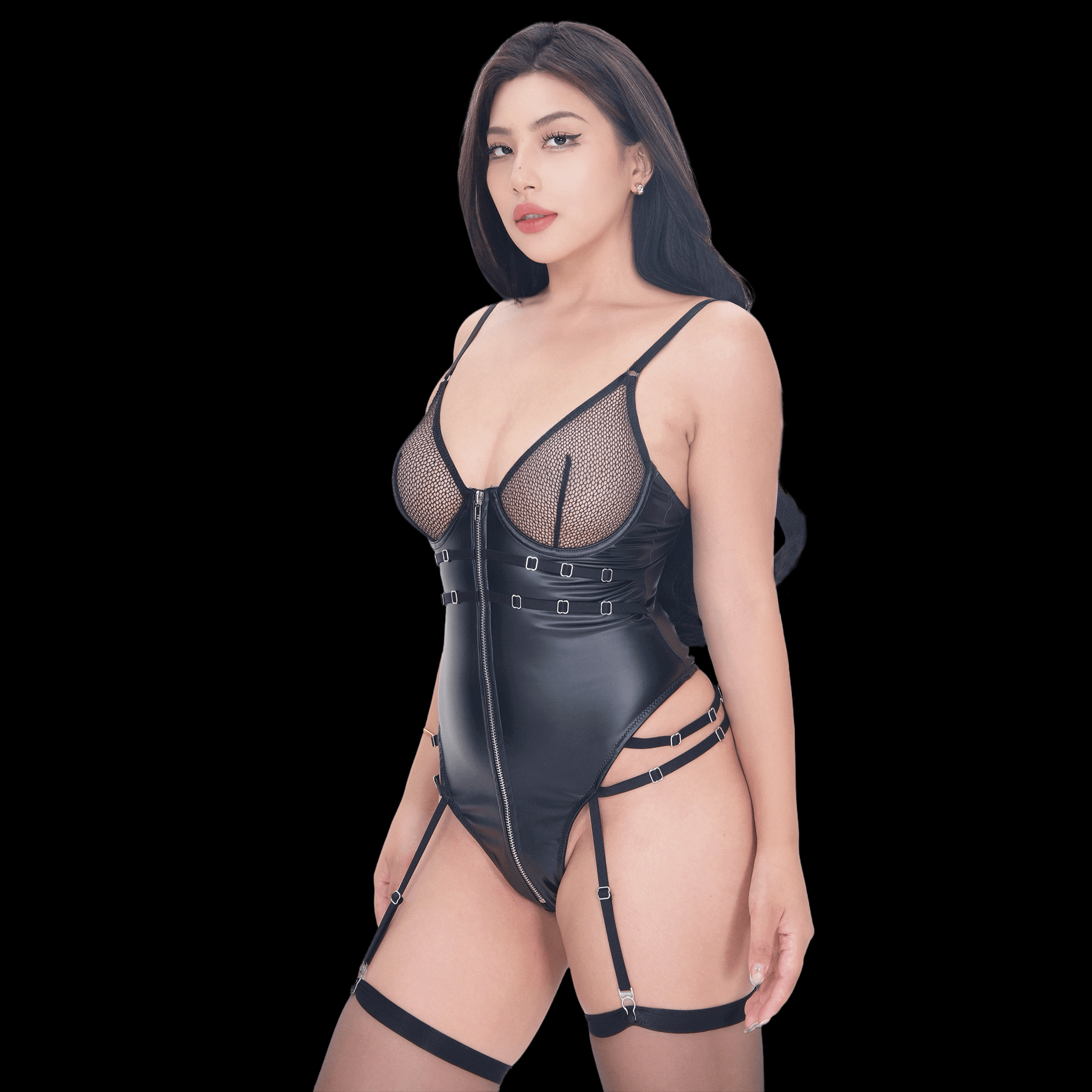 Sexy Black Corset Bodysuit with See-Through Mesh Lingerie Design