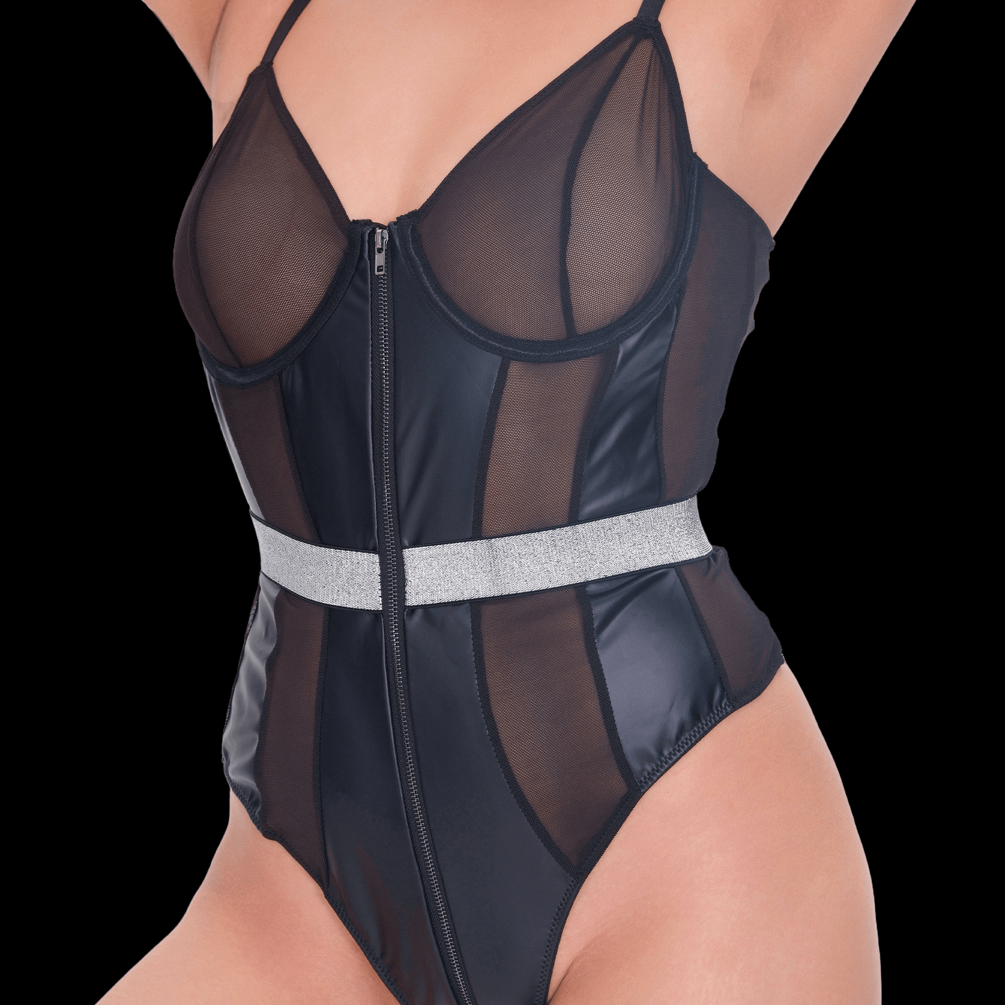 Elegant Black Bodysuit with Corset-Inspired Design and Leather Accents