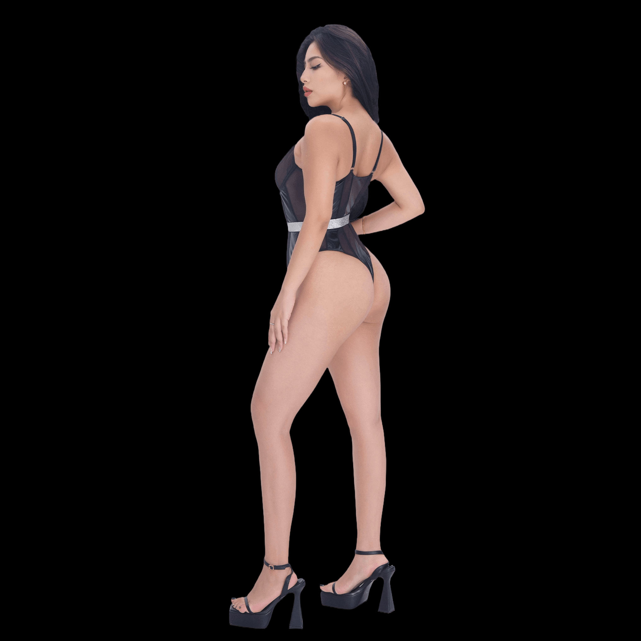 Elegant Black Bodysuit with Corset-Inspired Design and Leather Accents