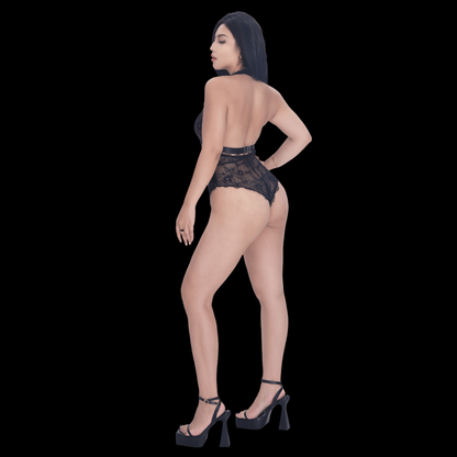 Black Lace Bodysuit with Deep V and Open Back – Sexy and Elegant Lingerie