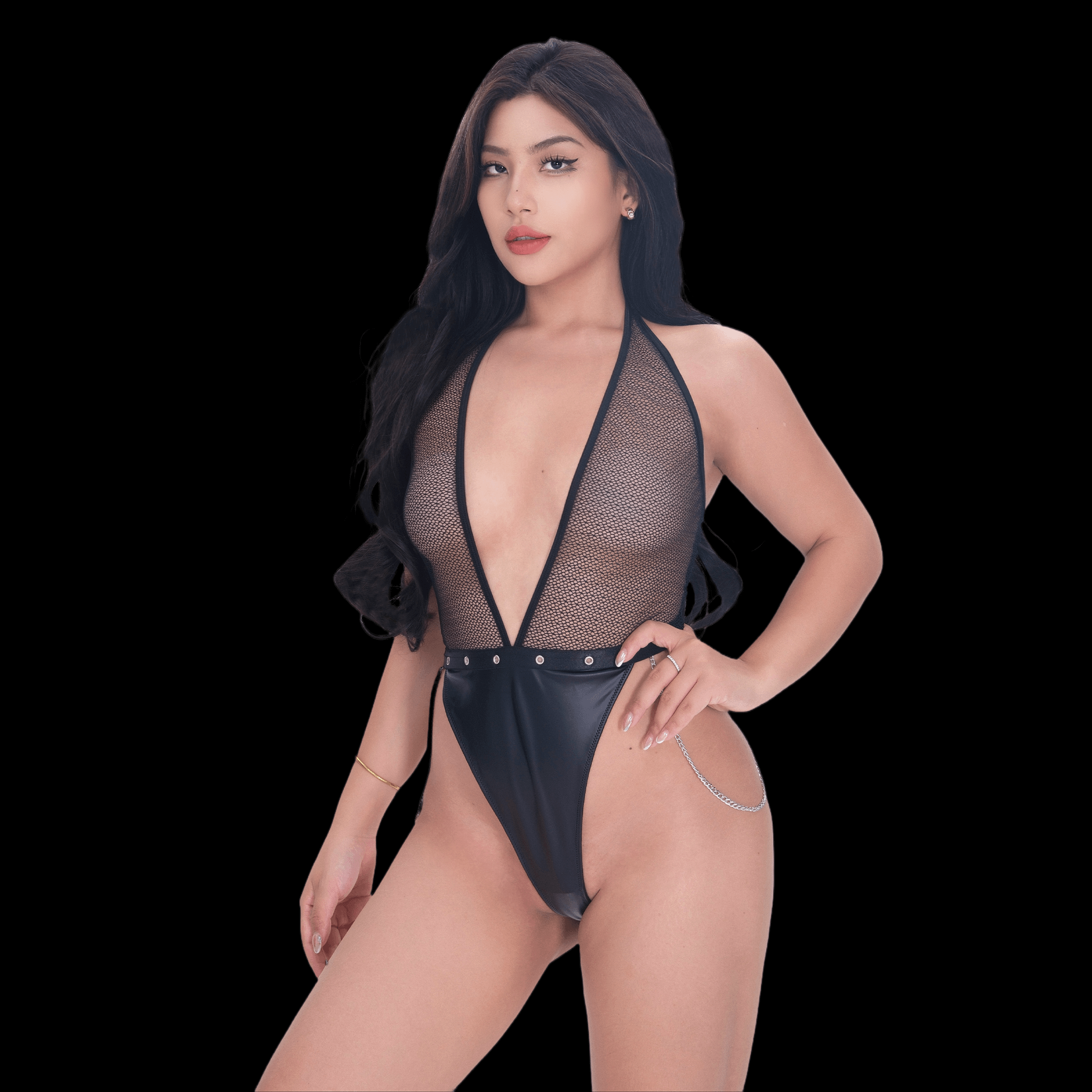 Bold and Sexy Black See-Through Bodysuit with Deep V Neck and Chains