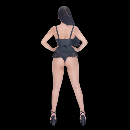 Black Lace Bodysuit with Corset-Inspired Design and see through Details