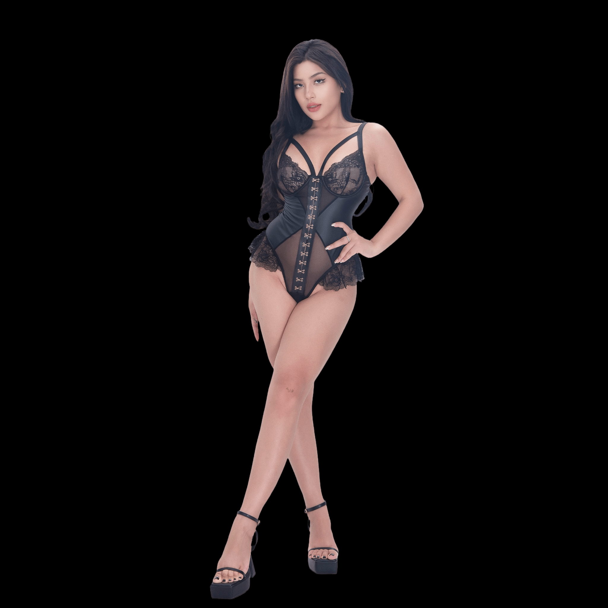 Black Lace Bodysuit with Corset-Inspired Design and see through Details