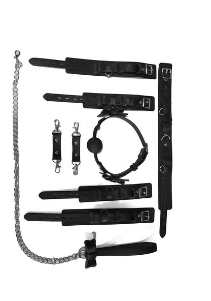 Leather bondage kit with restraints, ball gag, and neck strap, featuring premium leather construction and sturdy hardware for secure, versatile, and intense fetish play.