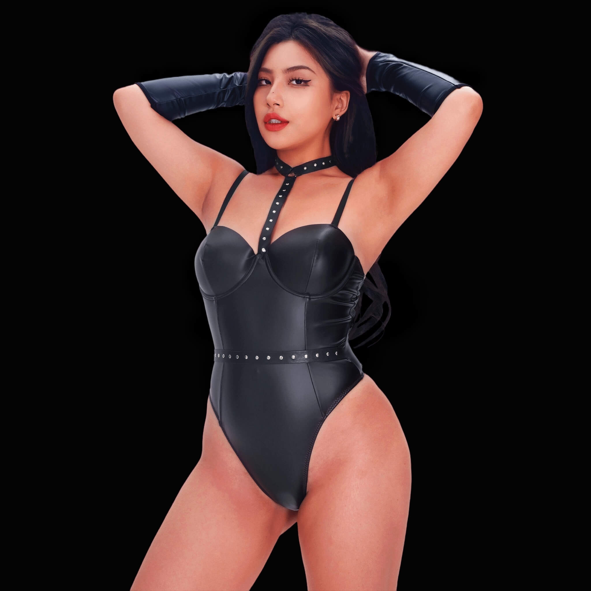 Black leather corset bodysuit with sleeves, crafted for a sleek, hourglass silhouette and finished with dramatic, contemporary sleeves for a stylish and empowered look.