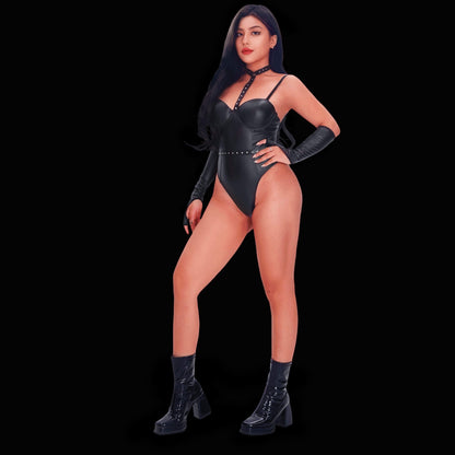 Black leather corset bodysuit with sleeves, featuring a sleek, fitted silhouette and edgy structured sleeves for a dramatic, contemporary, and powerful lingerie style.