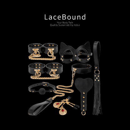 Luxury BDSM all-in-one restraint set featuring premium leather cuffs, blindfold, collar, and whip, designed for sophisticated, secure, and versatile fetish play.