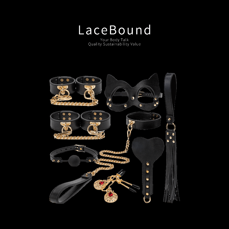 Luxury BDSM all-in-one restraint set featuring premium leather cuffs, blindfold, collar, and whip, designed for sophisticated, secure, and versatile fetish play.