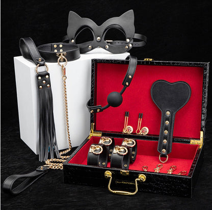 Luxury BDSM all-in-one restraint set featuring premium leather cuffs, collar, blindfold, and whip, offering secure, elegant, and versatile bondage play for sophisticated fetish experiences.
