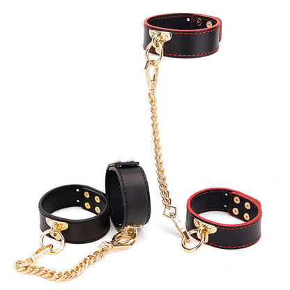 Luxury BDSM all-in-one restraint kit including premium leather cuffs, collar, blindfold, and whip, crafted for secure, elegant, and versatile bondage experiences.