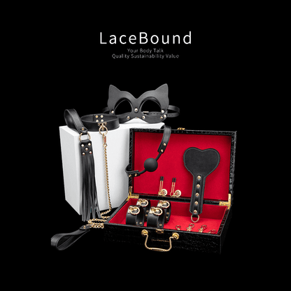 Luxury BDSM restraint set all-in-one bondage kit featuring premium leather cuffs, blindfold, collar, and whip, crafted for sophisticated, secure, and versatile fetish play.