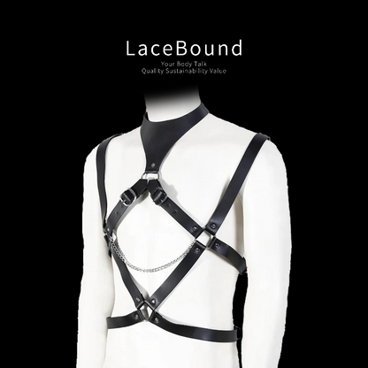 Male bondage belt harness in black leather featuring adjustable straps and secure buckles, designed for restraint play with a bold, functional, and fetish-inspired aesthetic.