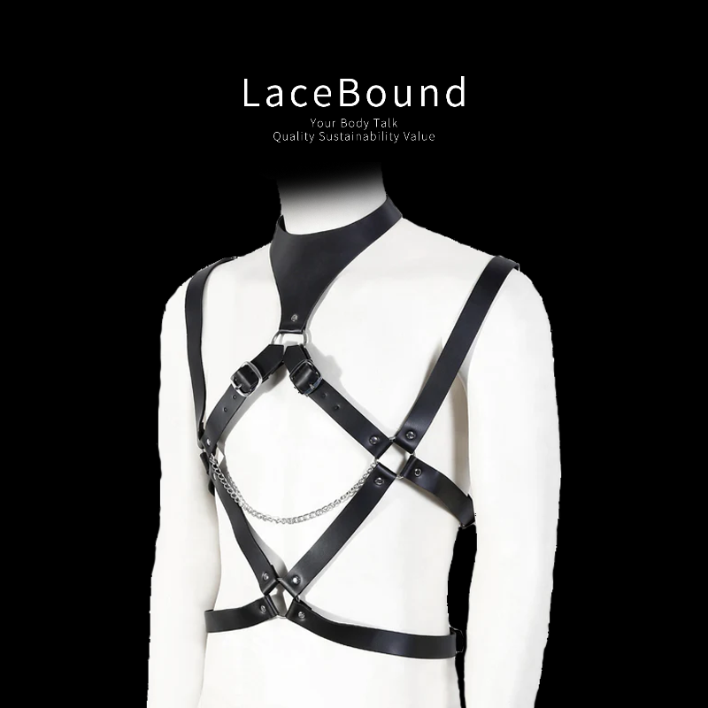 Male bondage belt harness in black leather featuring adjustable straps and secure buckles, designed for restraint play with a bold, functional, and fetish-inspired aesthetic.