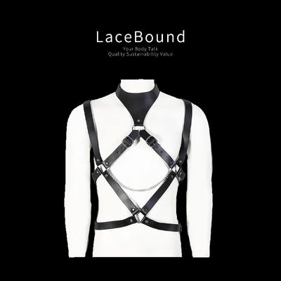 Male bondage belt harness in black leather with adjustable straps and sturdy buckles, crafted for secure restraint play with a sleek, masculine, and fetish-inspired look.