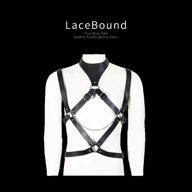 Male bondage belt harness in black leather with adjustable straps and sturdy buckles, crafted for secure restraint play with a sleek, masculine, and fetish-inspired look.