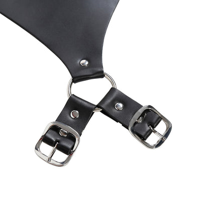 Male bondage belt harness in black leather with adjustable straps and durable metal buckles, designed for secure and versatile restraint play with a masculine, fetish-inspired style