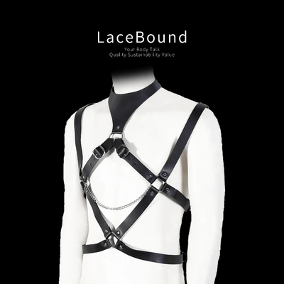 Male bondage belt harness designed for restraint play, featuring adjustable straps, sturdy leather construction, and secure buckles for a bold, functional, and fetish-inspired look.