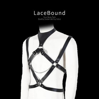 Male bondage belt harness designed for restraint play, featuring adjustable straps, sturdy leather construction, and secure buckles for a bold, functional, and fetish-inspired look.