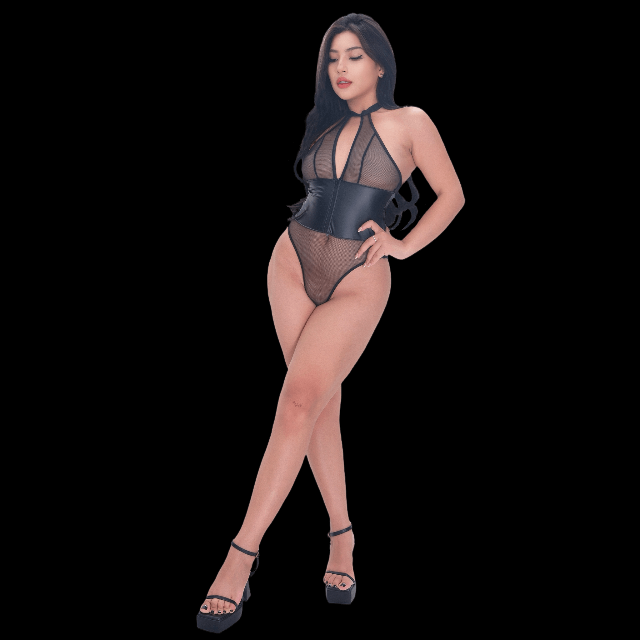 Seductive Black Mesh & Leather Bodysuit