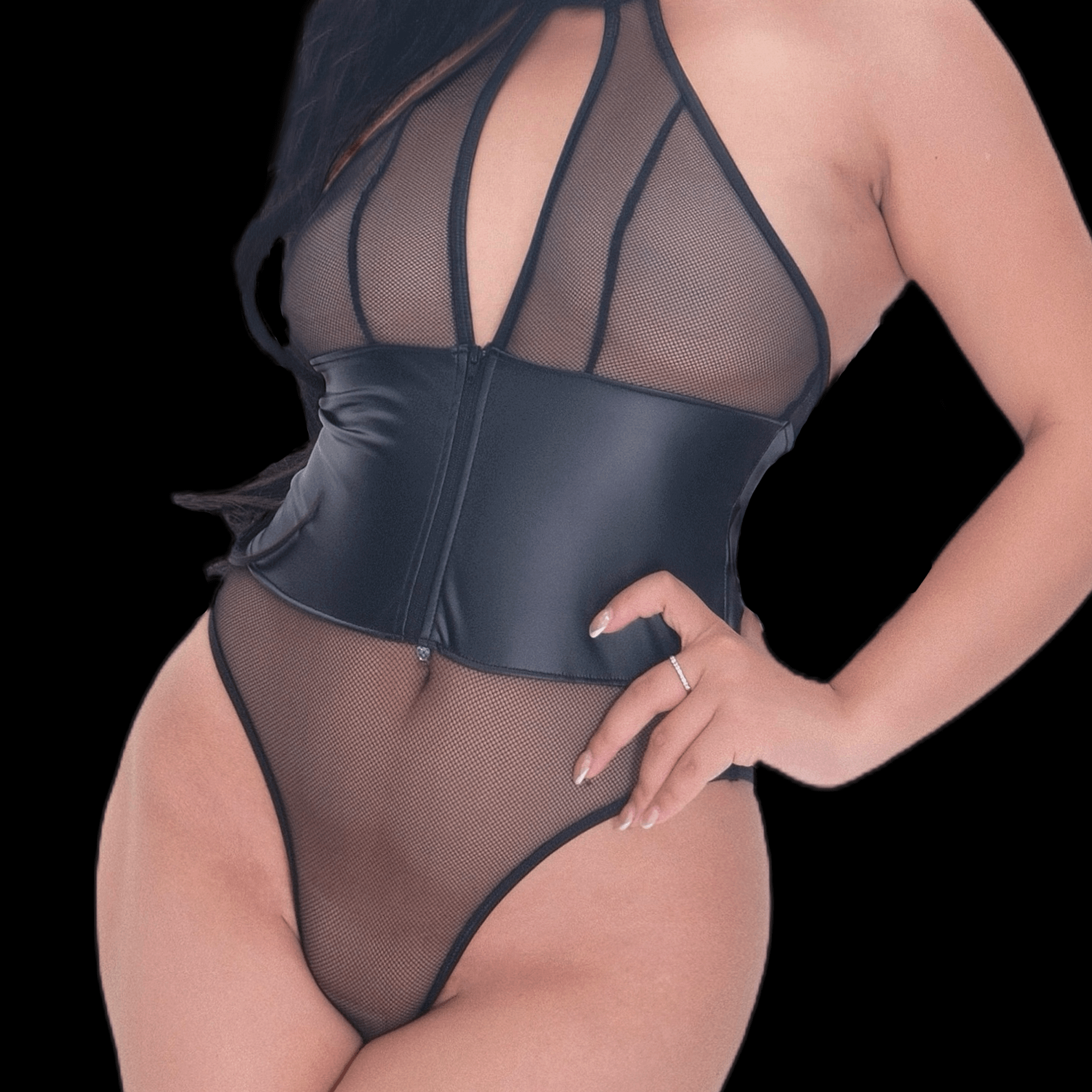 Seductive Black Mesh & Leather Bodysuit