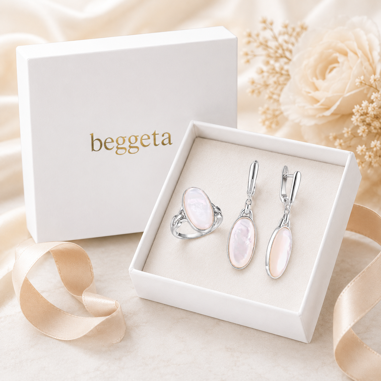 Beggeta Mother of Pearl Jewelry Set for Women, Oval Mother of Pearl Dangle Earrings and Adjustable Ring, Elegant Silver Jewelry Gift Set with Gift Box for Wedding, Anniversary, Birthday, Mother's Day