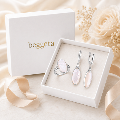 Beggeta Mother of Pearl Jewelry Set for Women, Oval Mother of Pearl Dangle Earrings and Adjustable Ring, Elegant Silver Jewelry Gift Set with Gift Box for Wedding, Anniversary, Birthday, Mother's Day