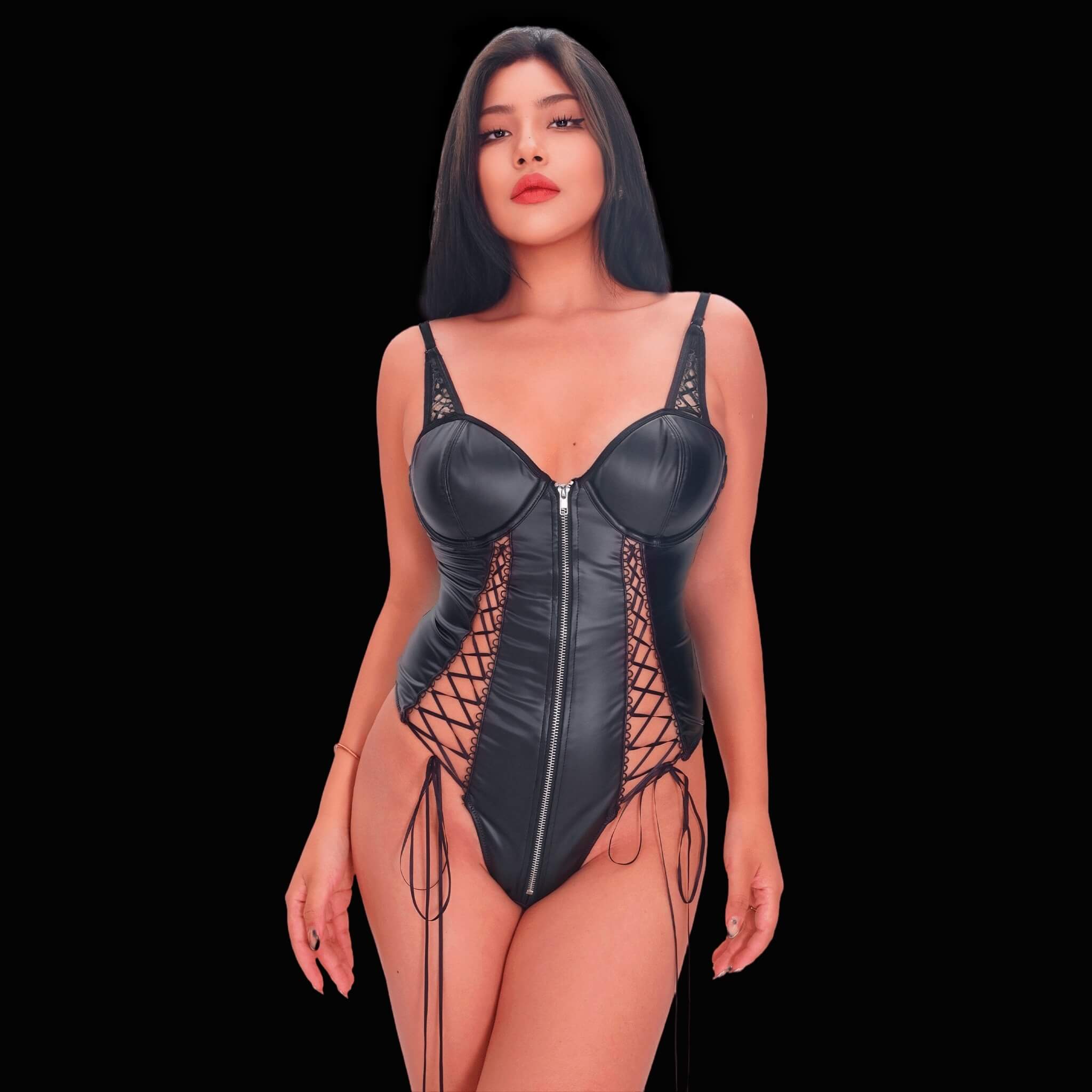 Sexy black corset bodysuit in bondage lingerie style, constructed with intense strap details and structured lines for a commanding
